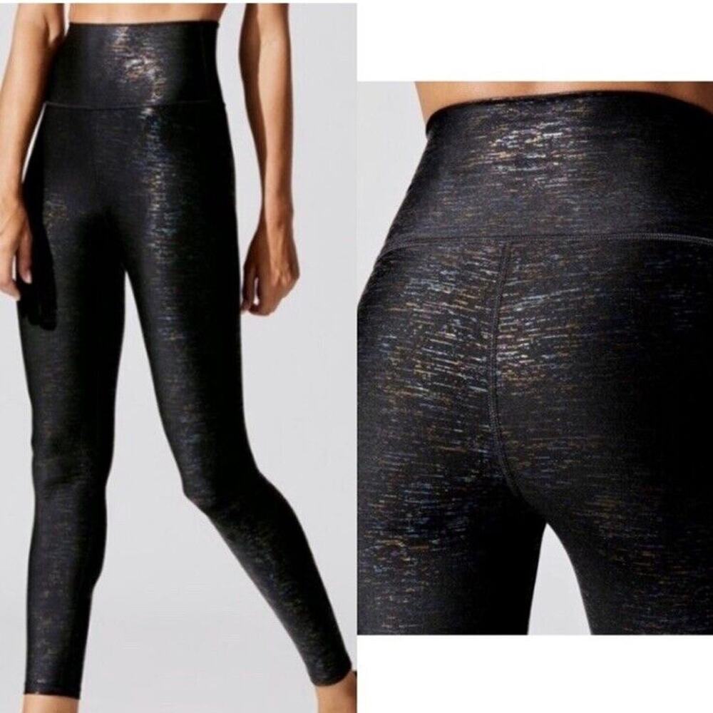 Carbon38 Black Luxe Metallic striped High Rise 7/8 Leggings •XS•Takara Carbon 38